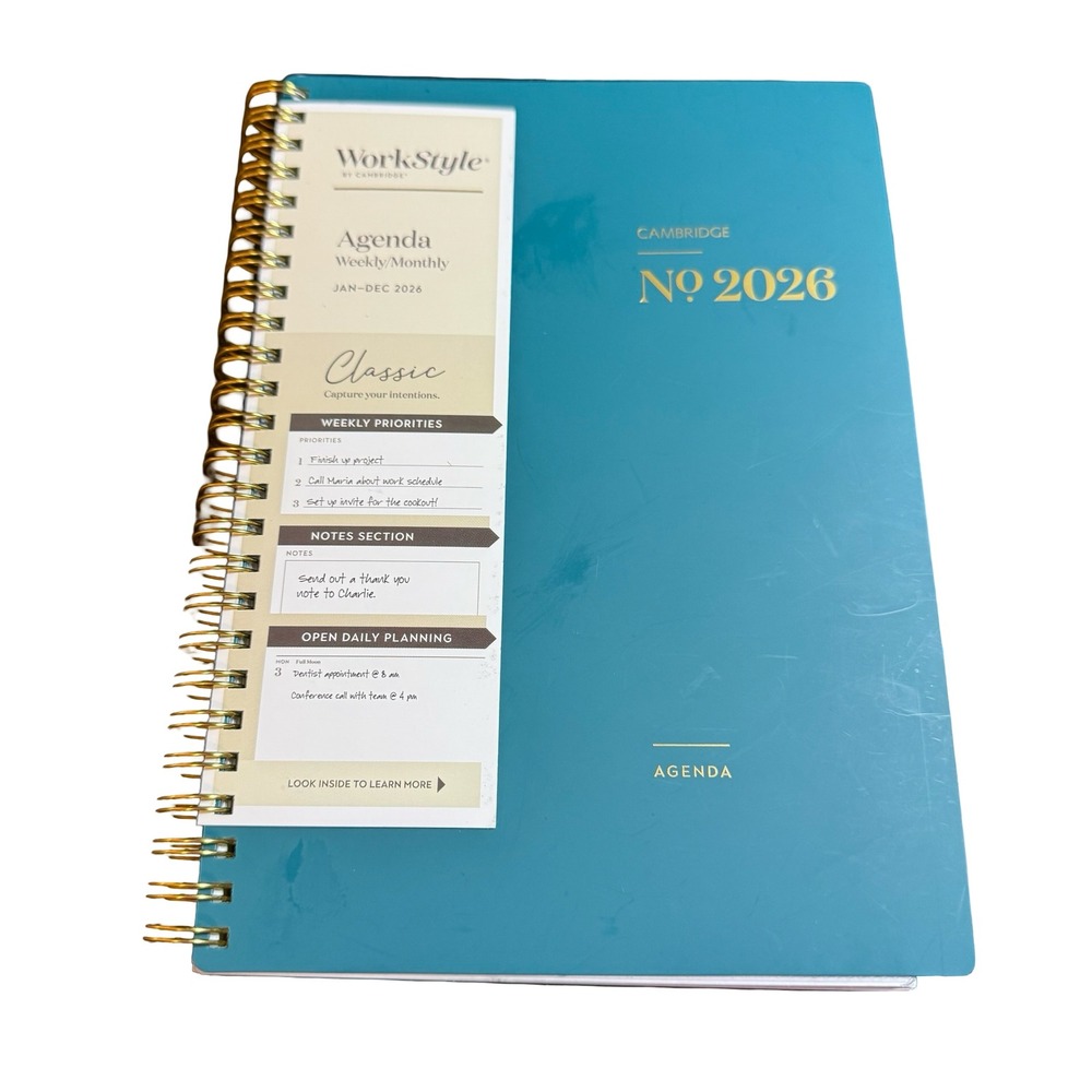 Cambridge WorkStyle 2026 Agenda Weekly Monthly Planner Teal Gold 1606-200-12
